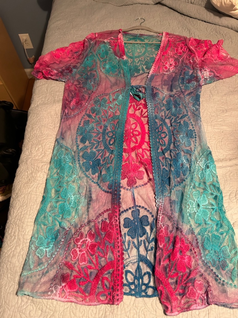 Sheer Floral Lace Duster - Teal & Pink Ombre ice tie-dyed